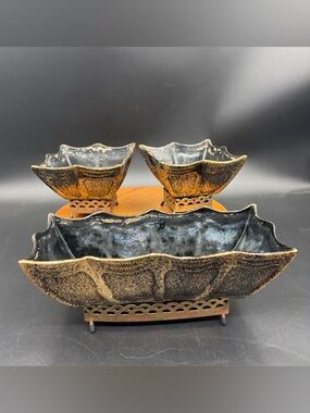 Vintage California Pottery Black w/ Gold Speckles Planter Set of 3 Metal Stands